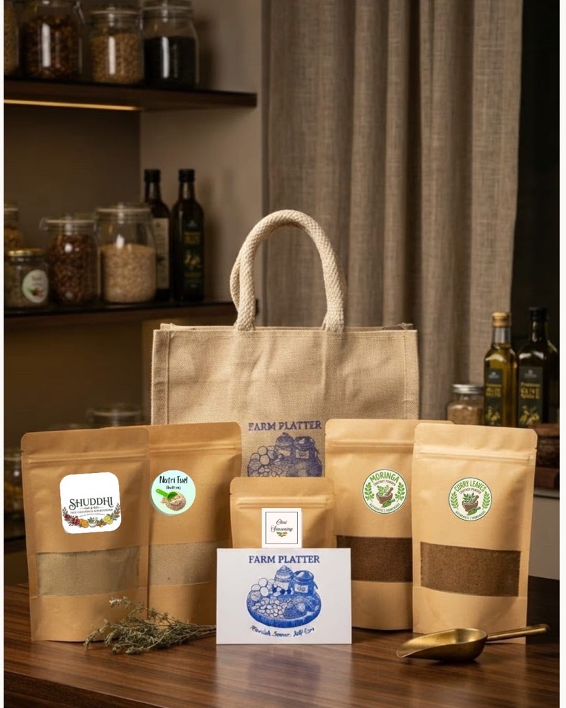 Farm Platter branded jute tote with five products
